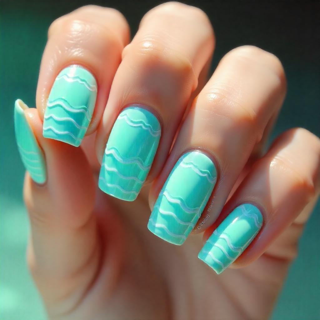 aqua blue wavy lines nail designs