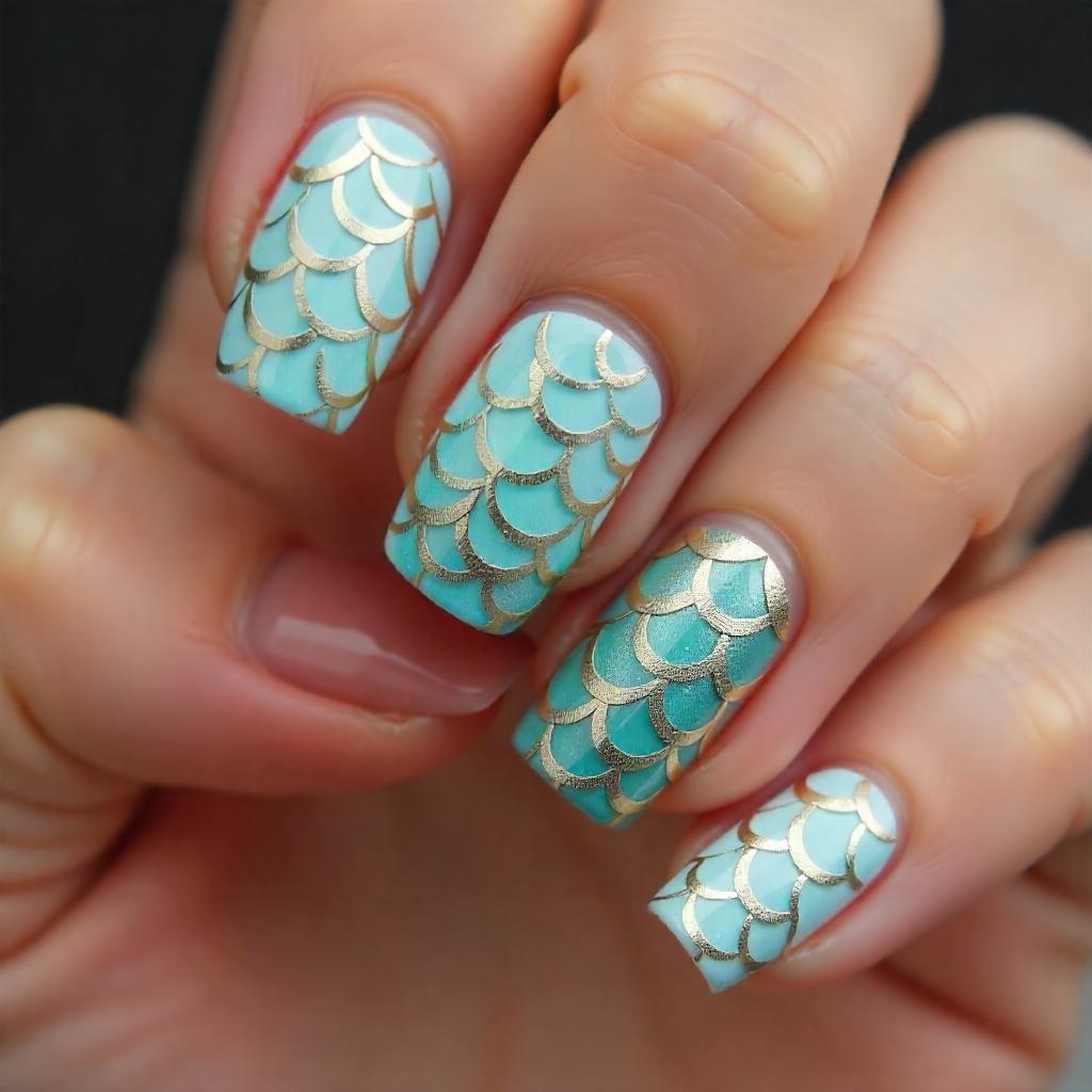 aqua blue fish scales nail designs