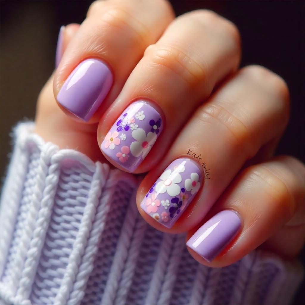 floral accent on lavender nails