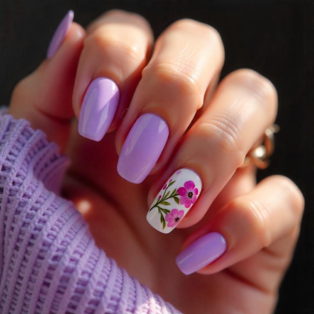 floral accent on lavender nails