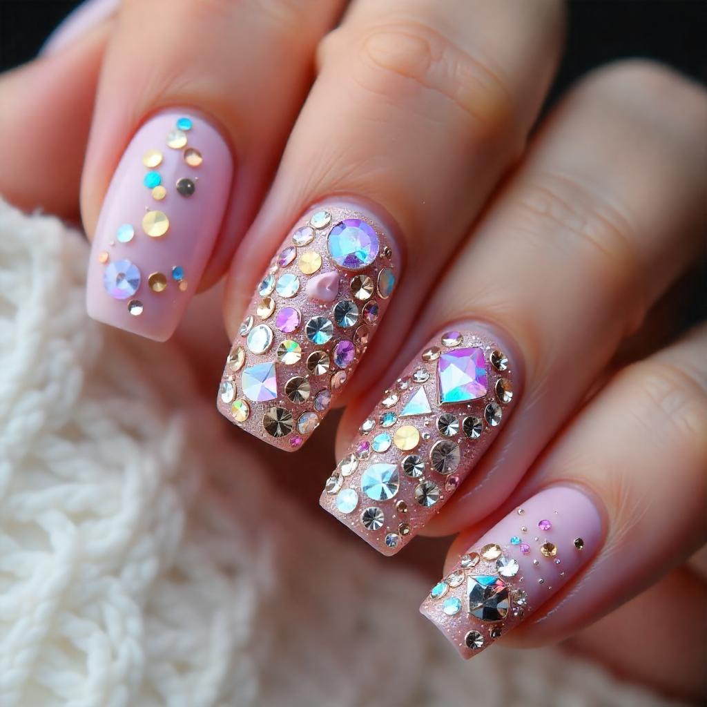 glam nail design with rhinestones