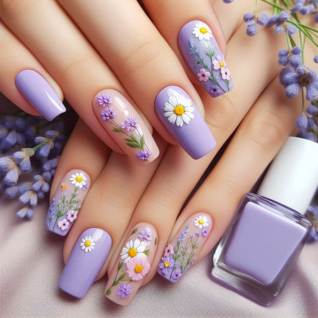 lavender nails with flowers