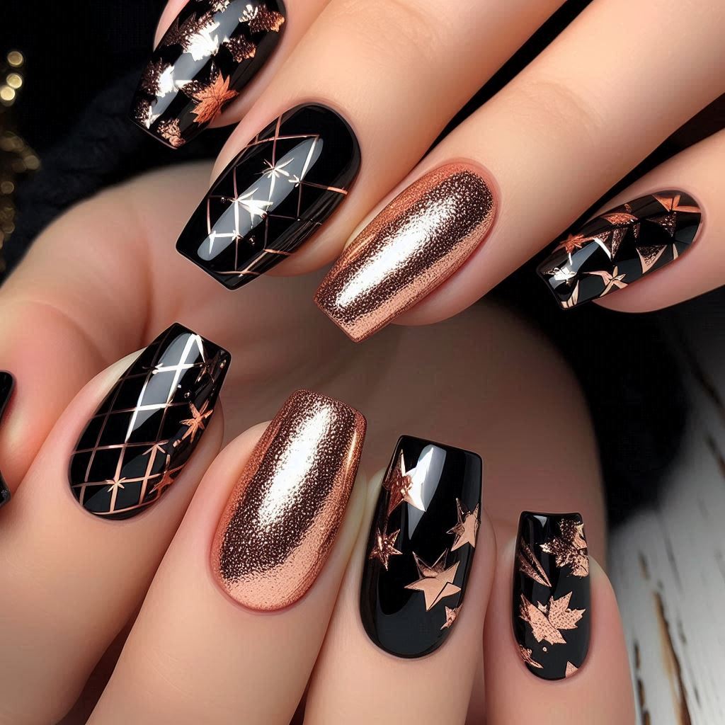 rose gold and black nail design