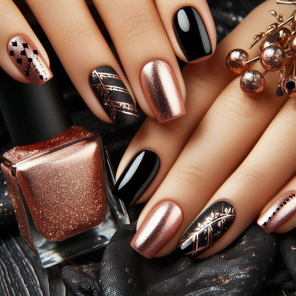 rose gold and black nail designs