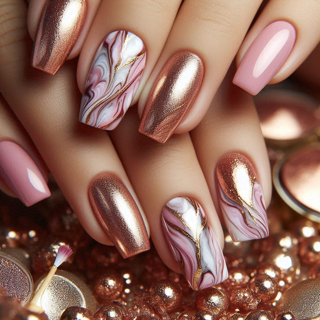 rose gold marble effect nail design