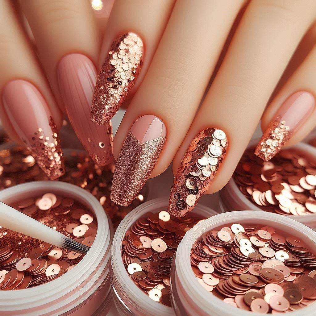 rose gold sequence nail design