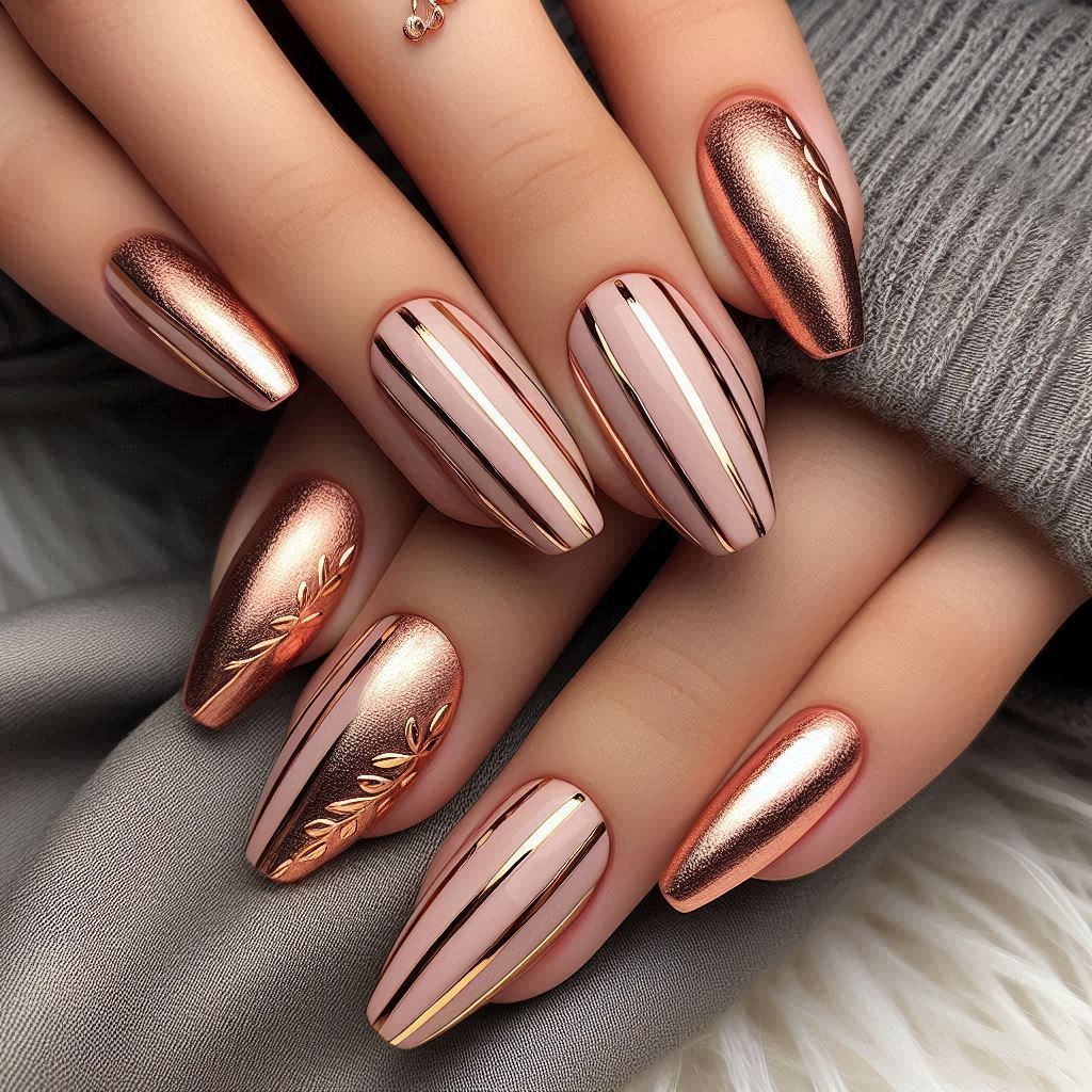 rose gold stripes nail design