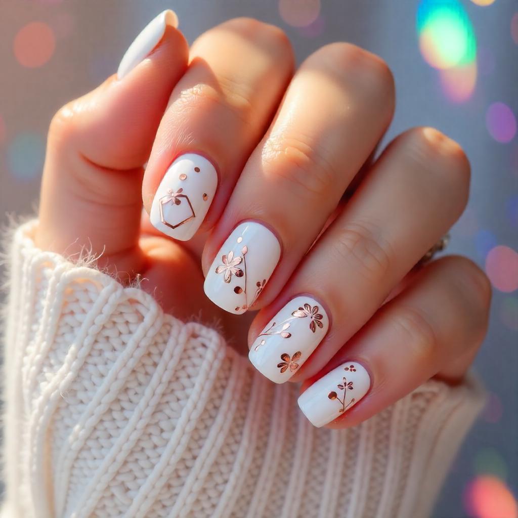 white and rose gold nail designs