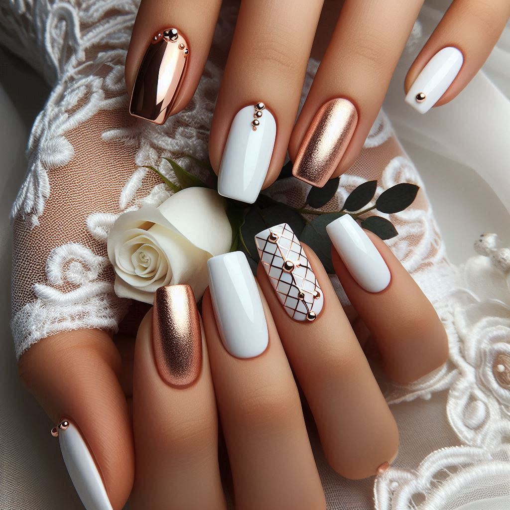 white and rose gold nail design