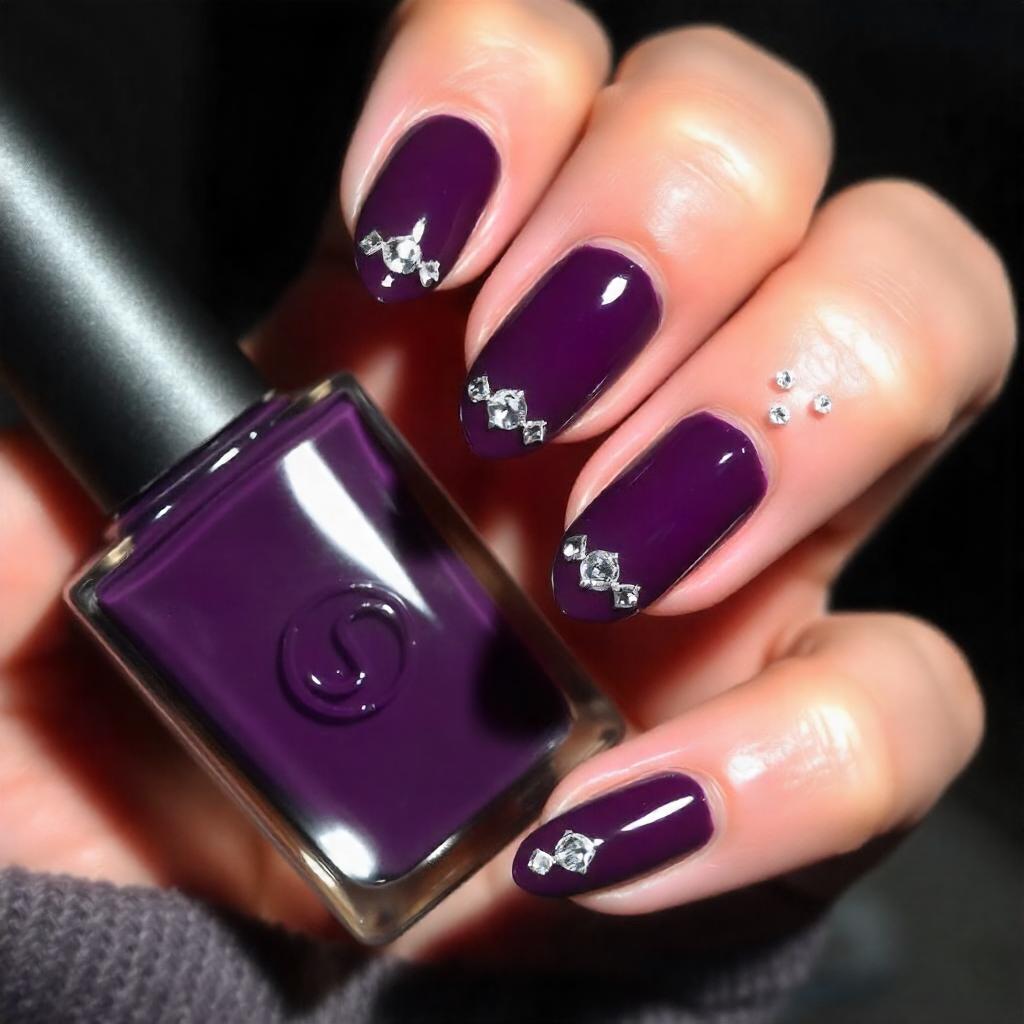 Dark Purple nails with Rhinestones
