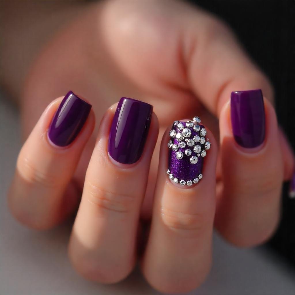 Dark Purple nails with Rhinestones
