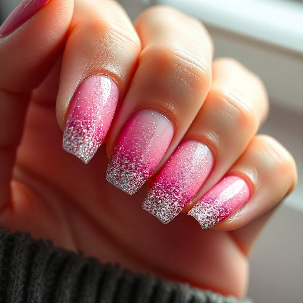 Pink and Gray Gradient Glitter Nails