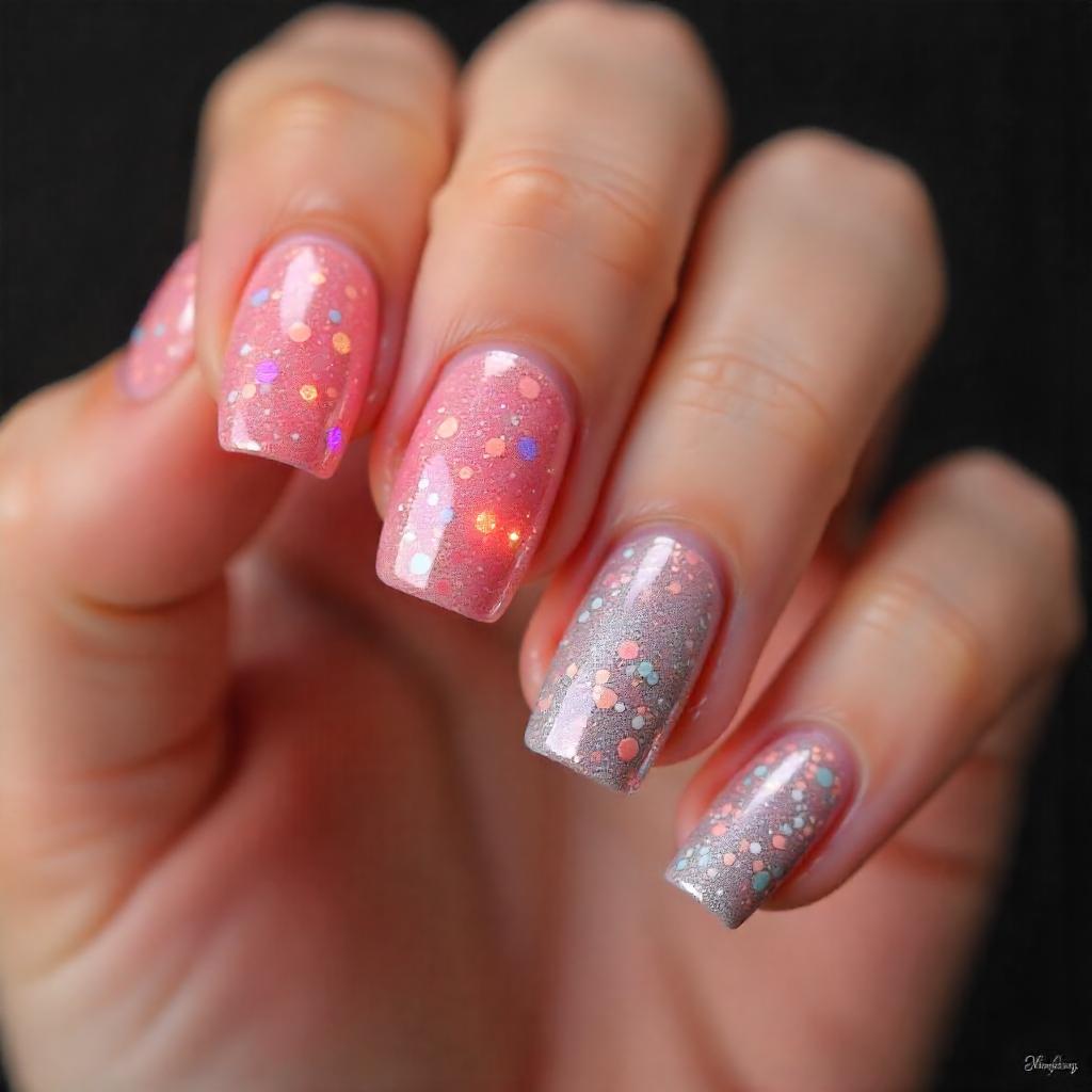 Pink and Gray Gradient Glitter Nails