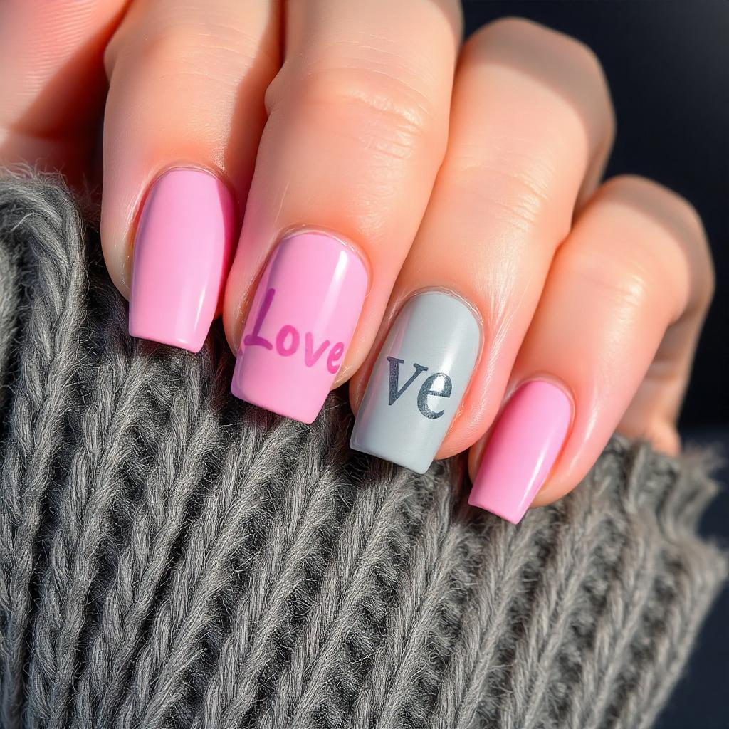 Pink and Gray Typography Nails