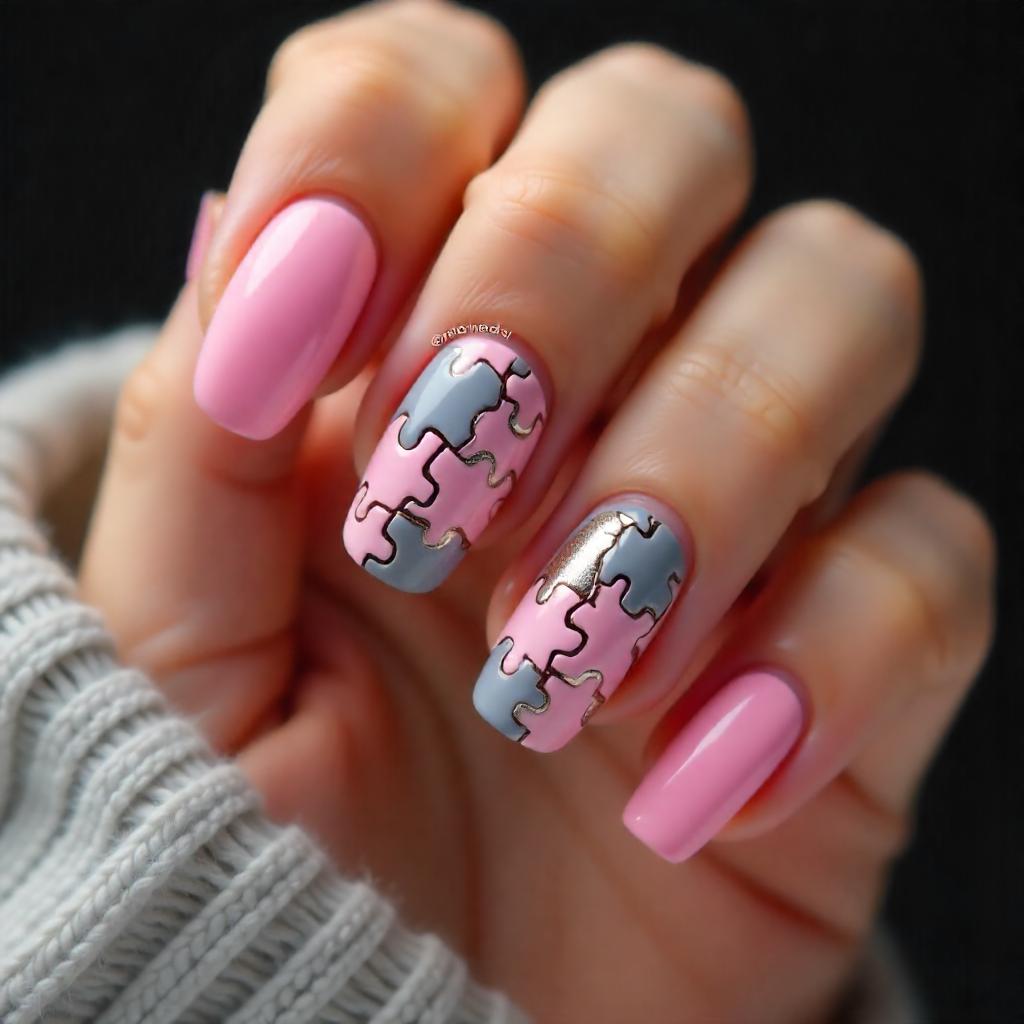 Puzzle Perfect Pink and Gray Nails