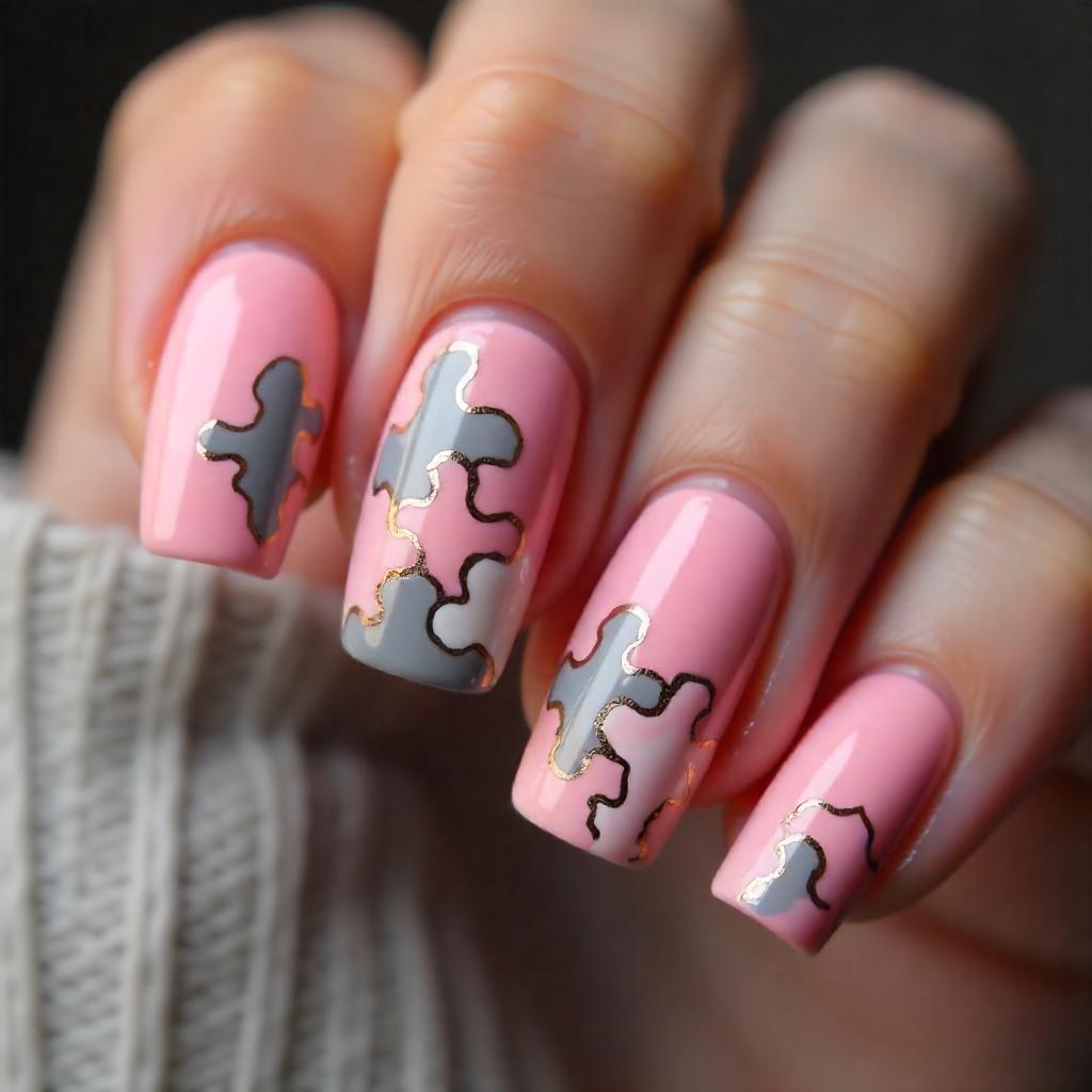 Puzzle Perfect Pink and Gray Nails