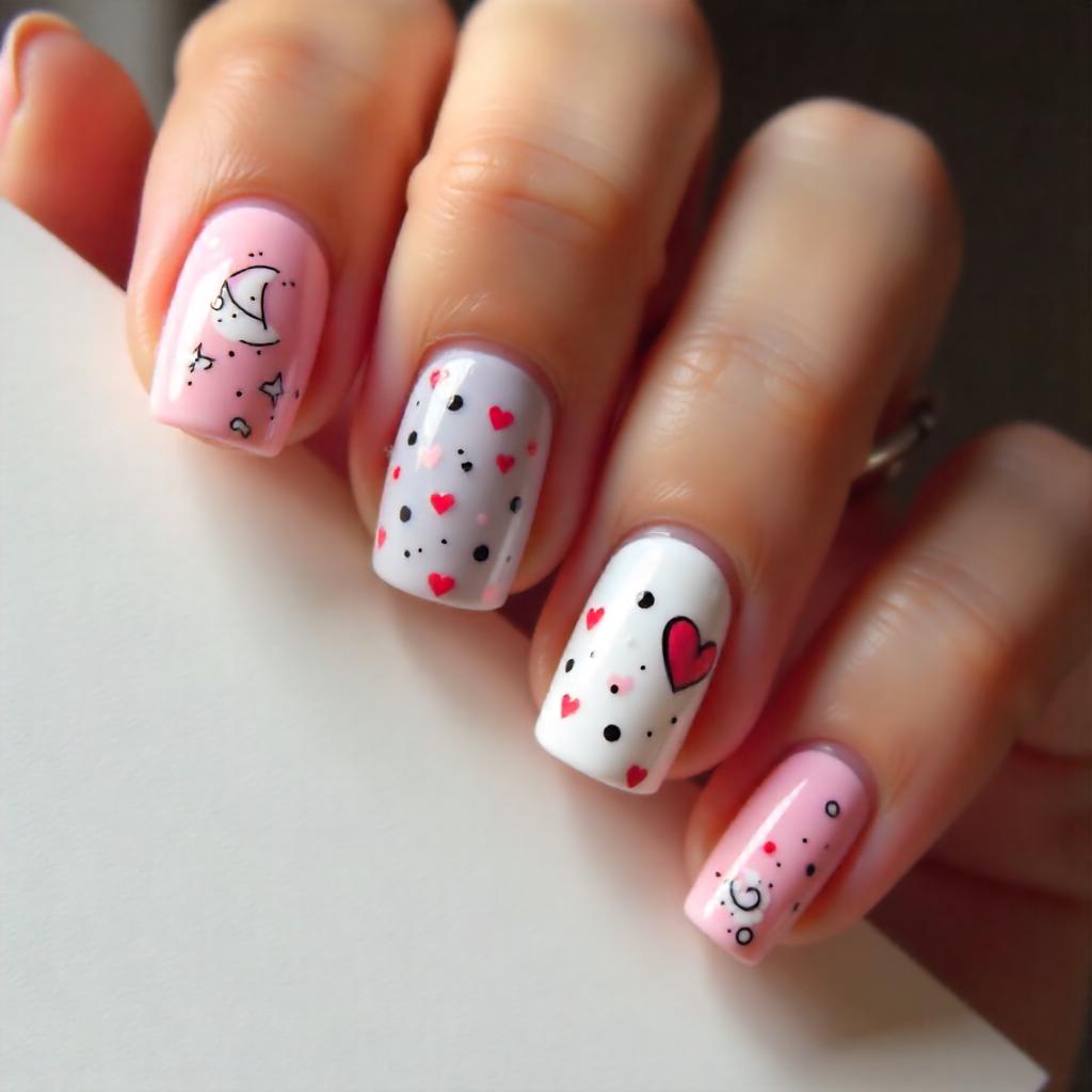 doodle pink and gray nail designs