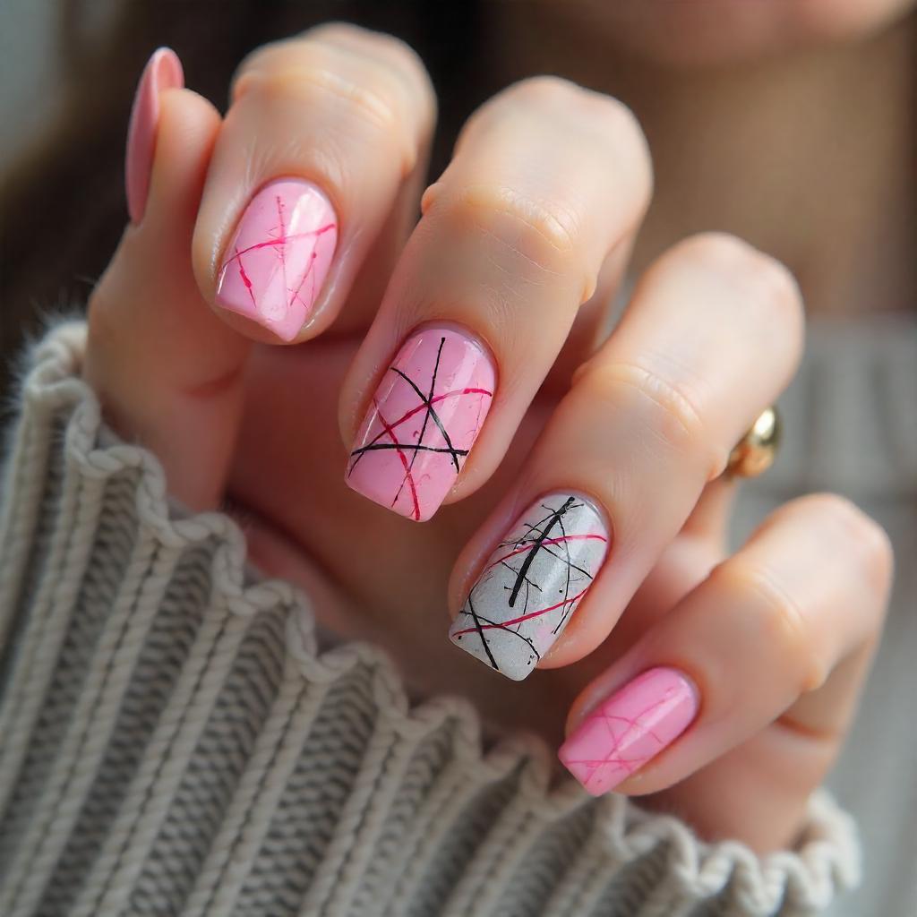 gray and pink scribble nails