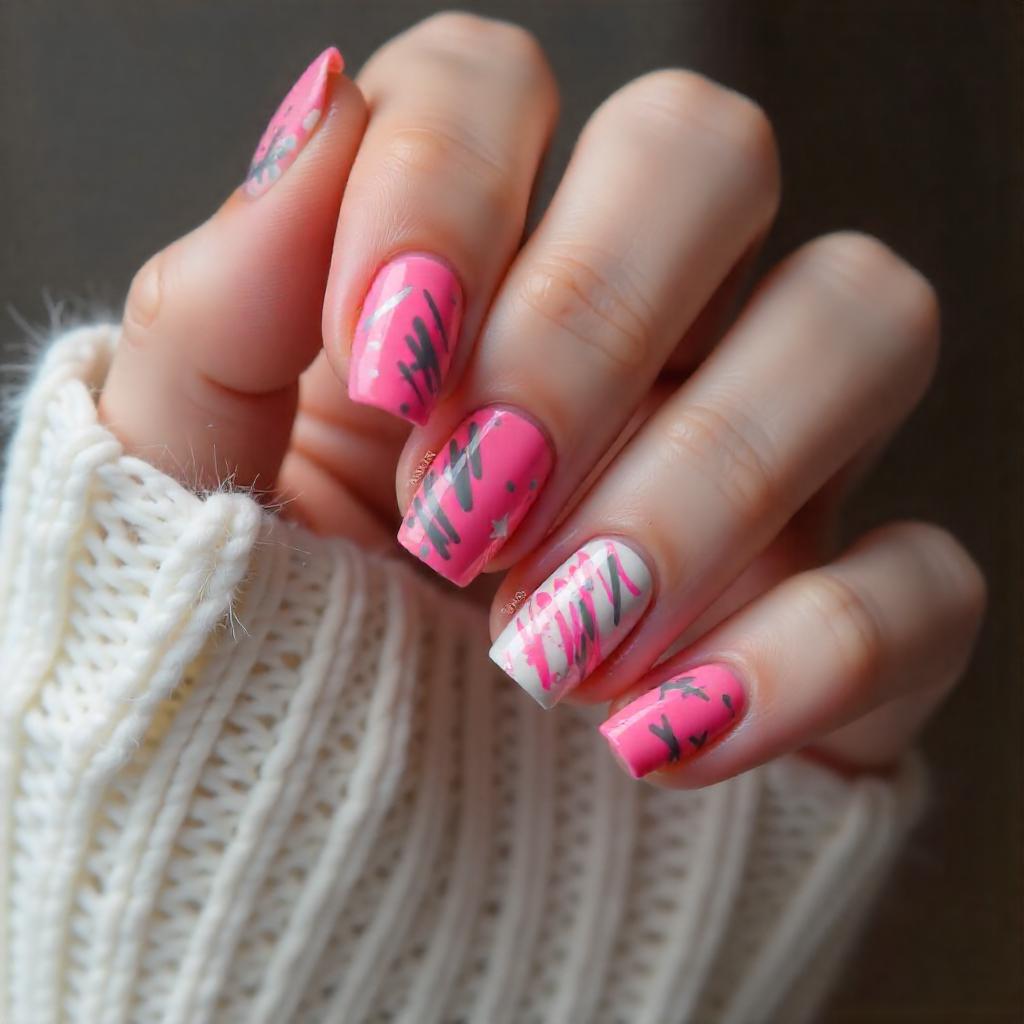 gray and pink scribble nails