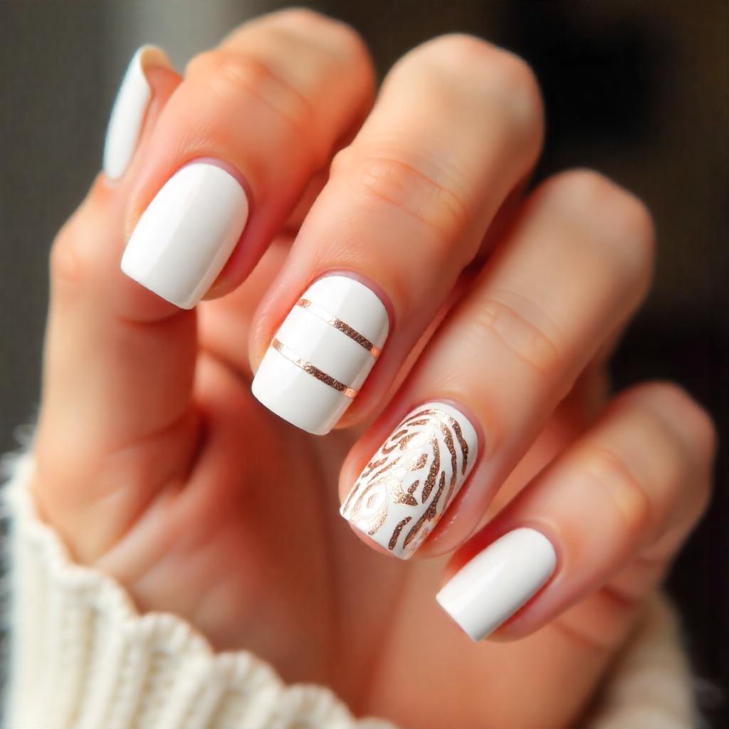 Bold white and rose gold striped nail designs