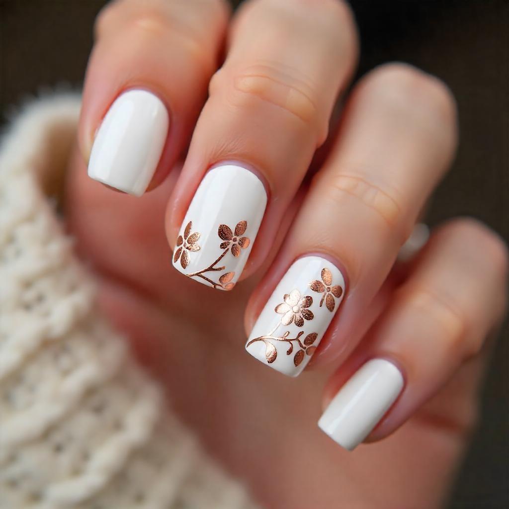 Floral white and rose gold nails