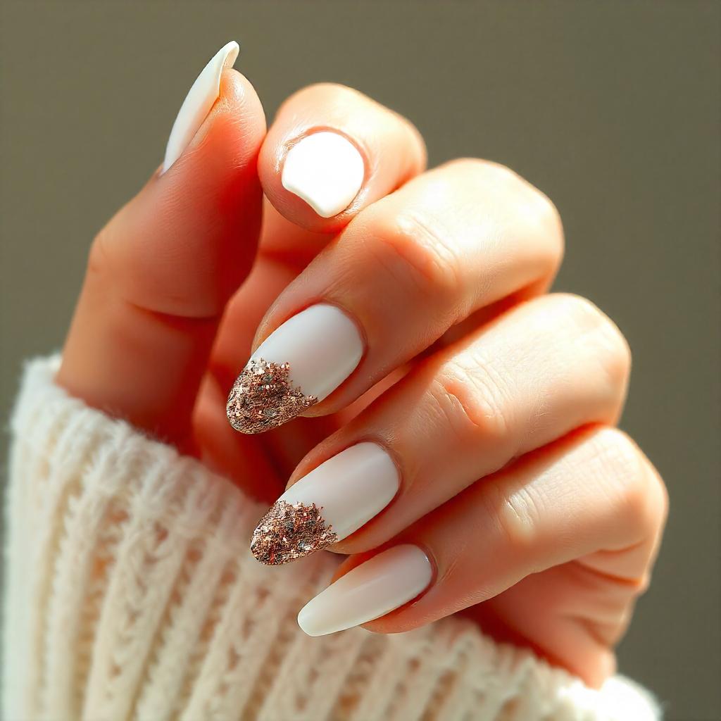 white and rose gold Glitter accent nails