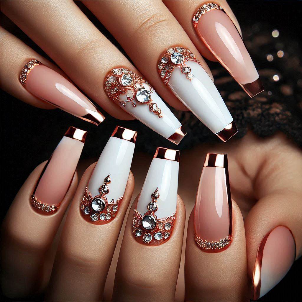 Rose Gold and White French Tips nail designs