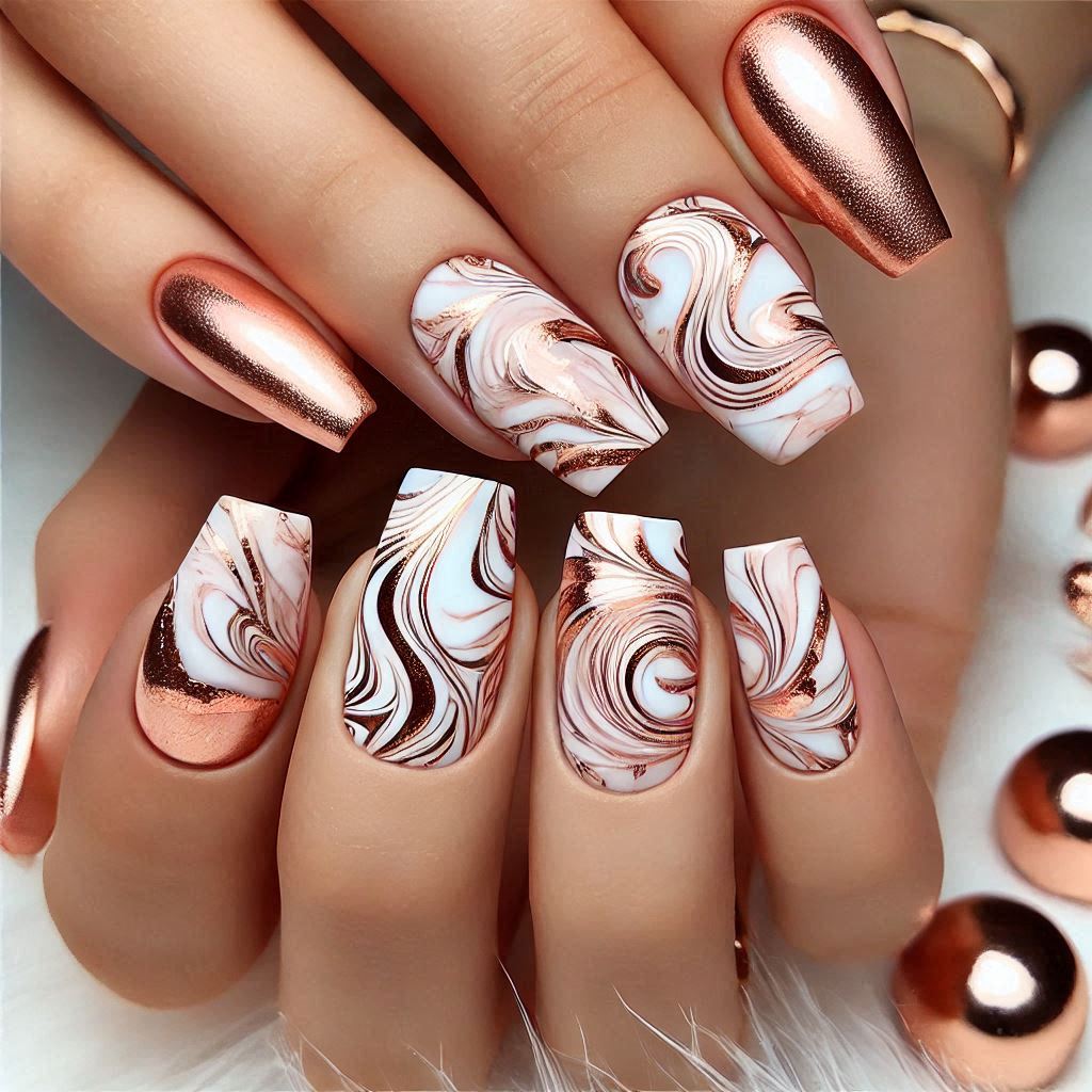 Rose Gold and White Marbled Effect Nail Art