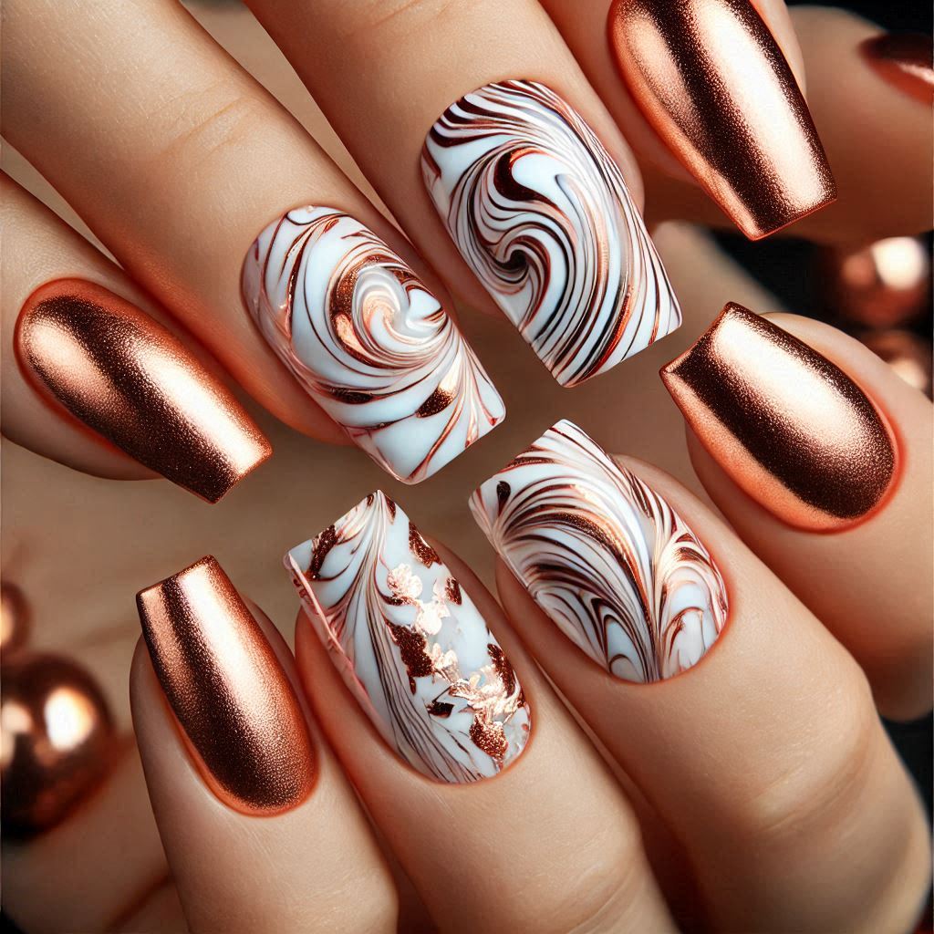 Rose Gold and White Marbled Effect Nail Art 