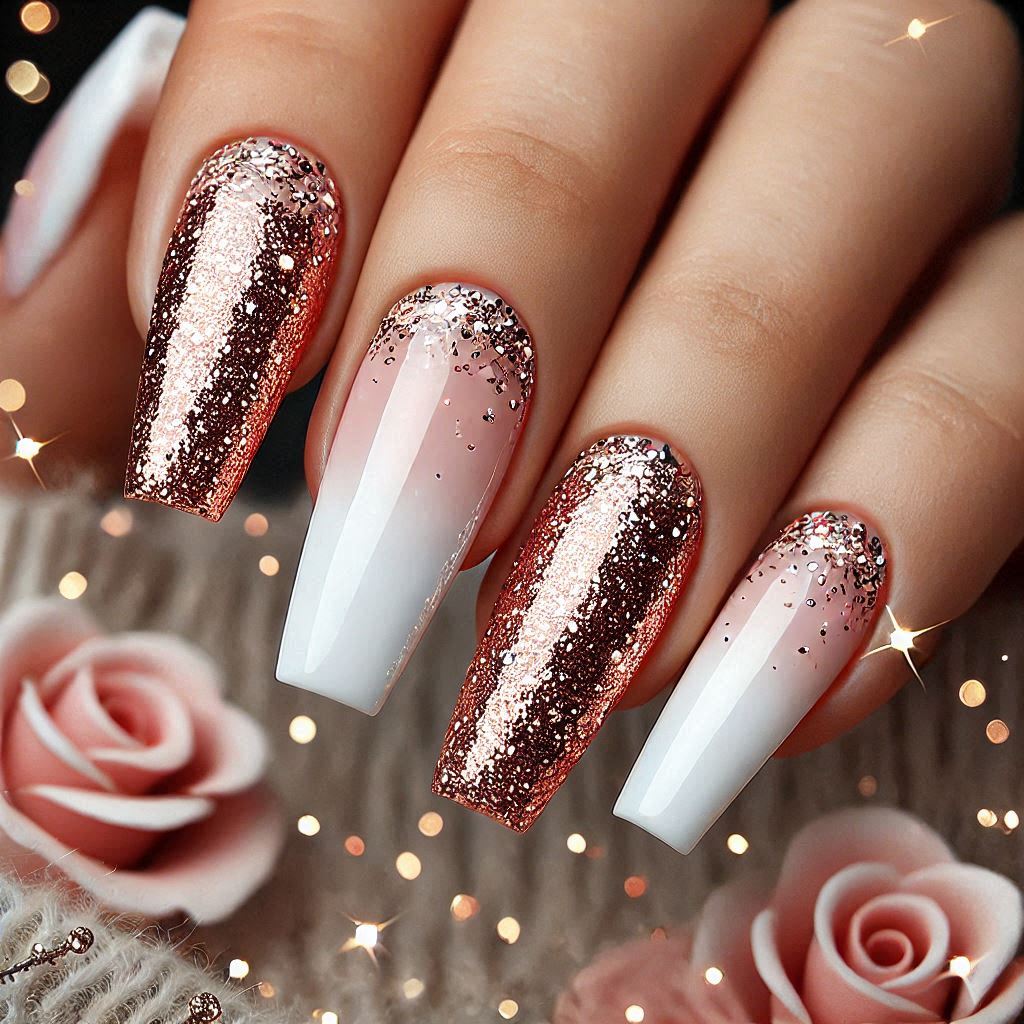 Rose Gold nails and White French Tips with Glitter