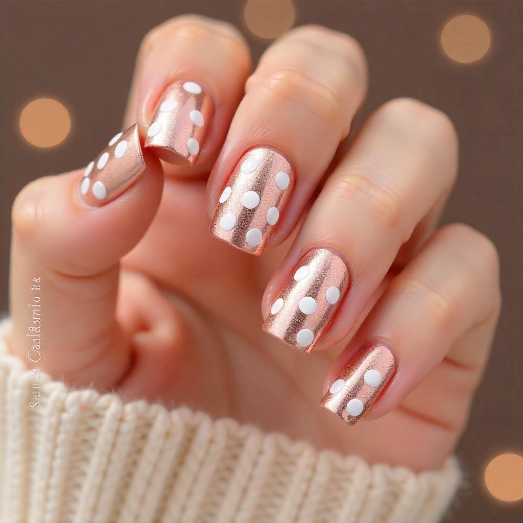 Rose gold and white dots Nail Designs