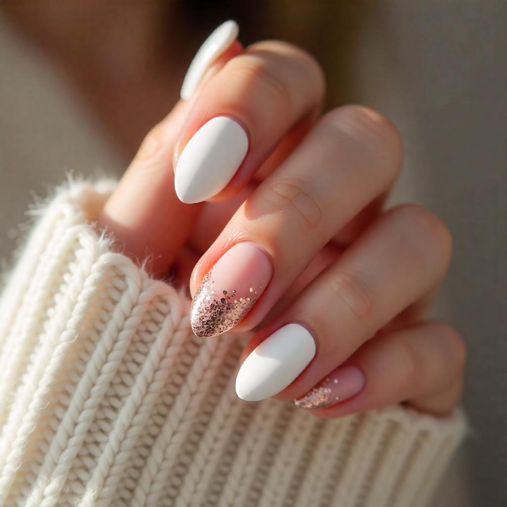 White Almond Nails with Rose Gold Glitter Cuticles
