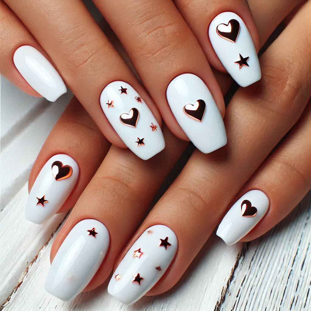 White Nails with Rose Gold Hearts or Stars