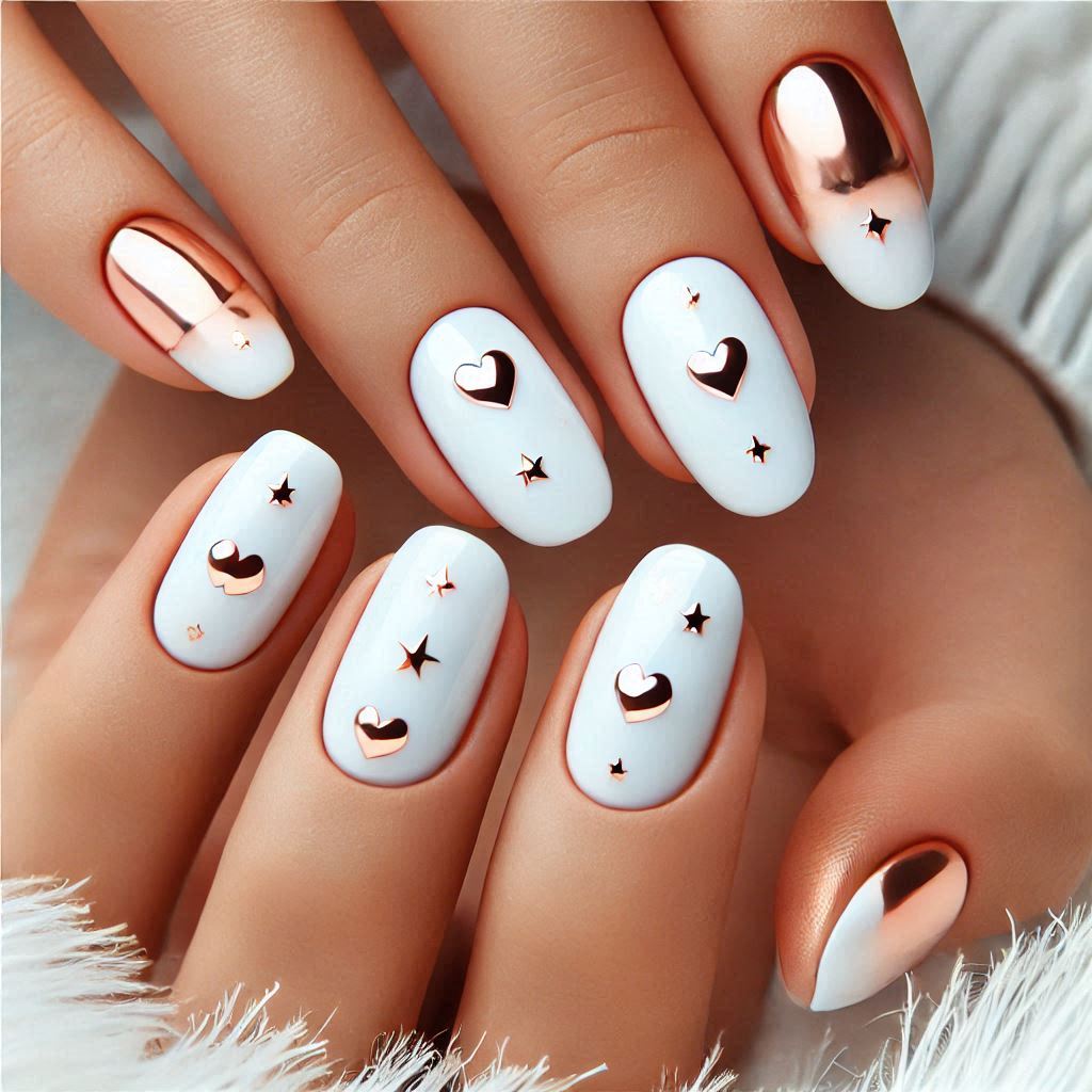 White Nails with Rose Gold Hearts or Stars