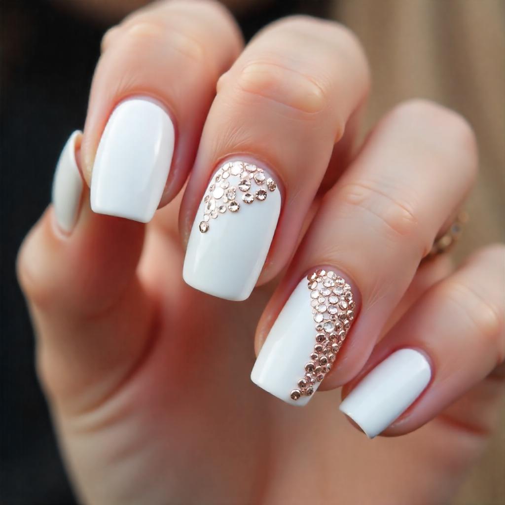 White Nails with Rose Gold Rhinestone