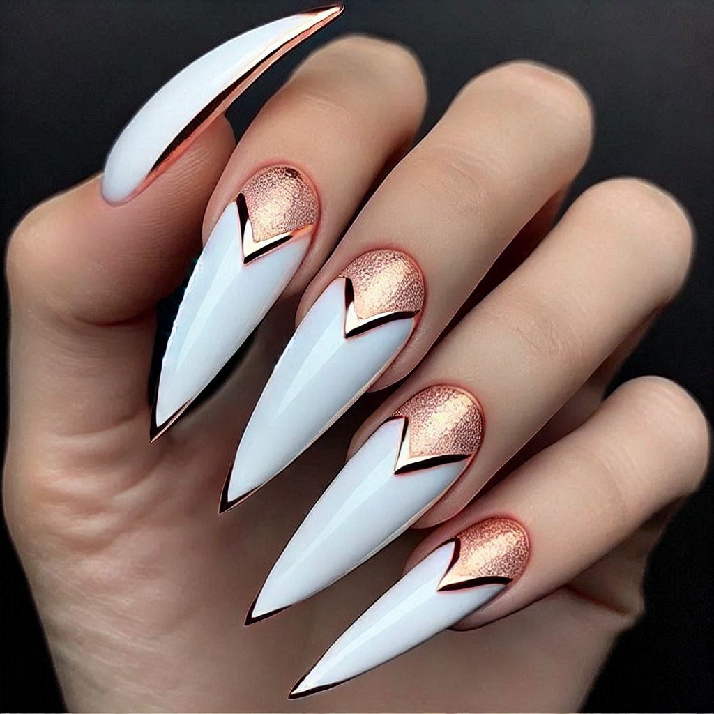 White Stiletto Nails with Rose Gold Tips