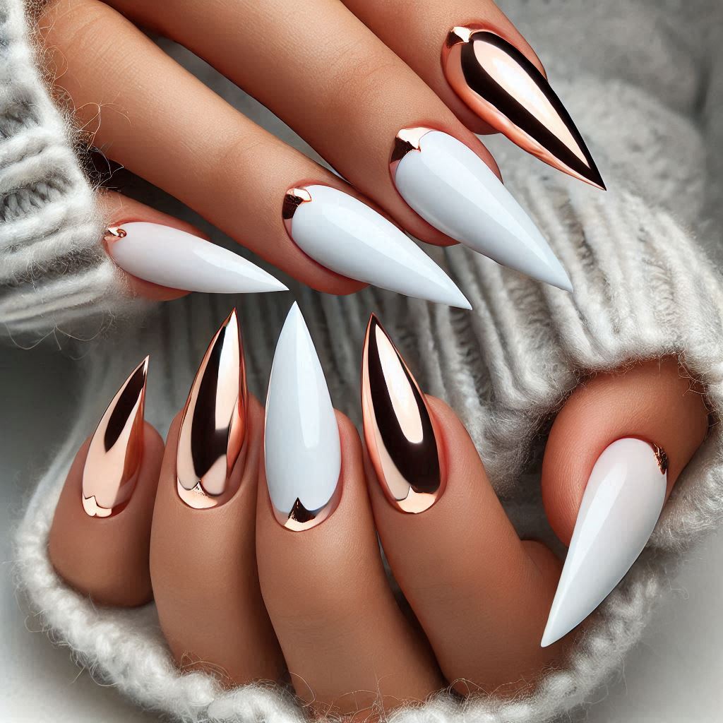 White Stiletto Nails with Rose Gold Tips