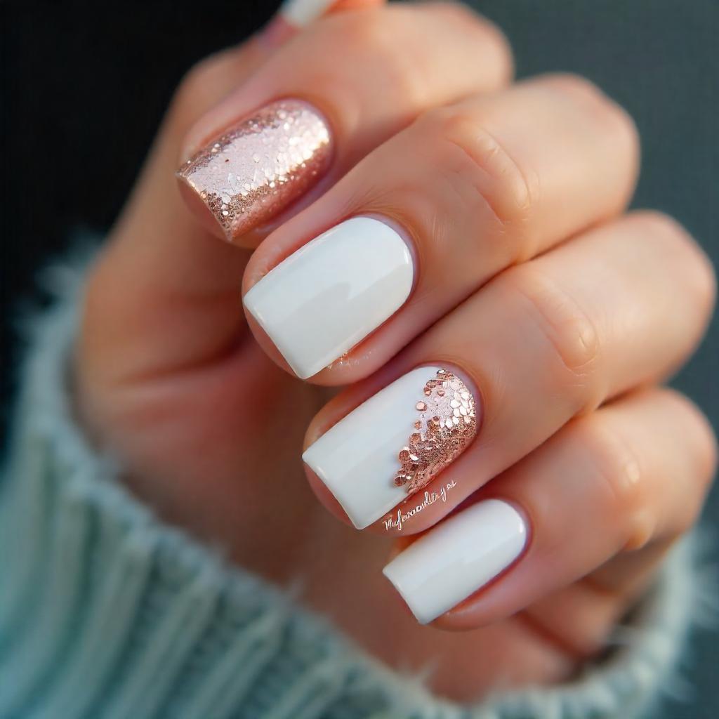 white and rose gold Glitter accent nails