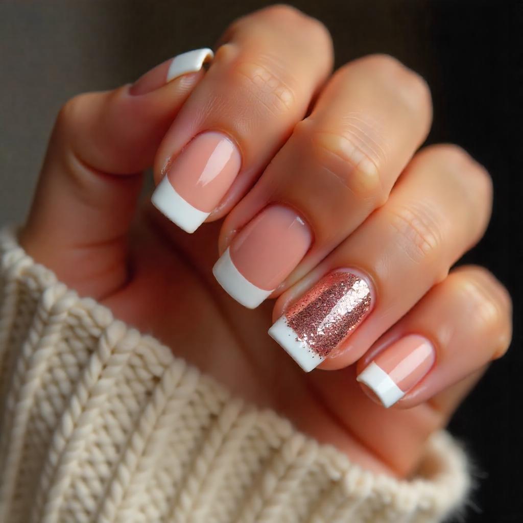 white and rose gold Glitter accent nails 