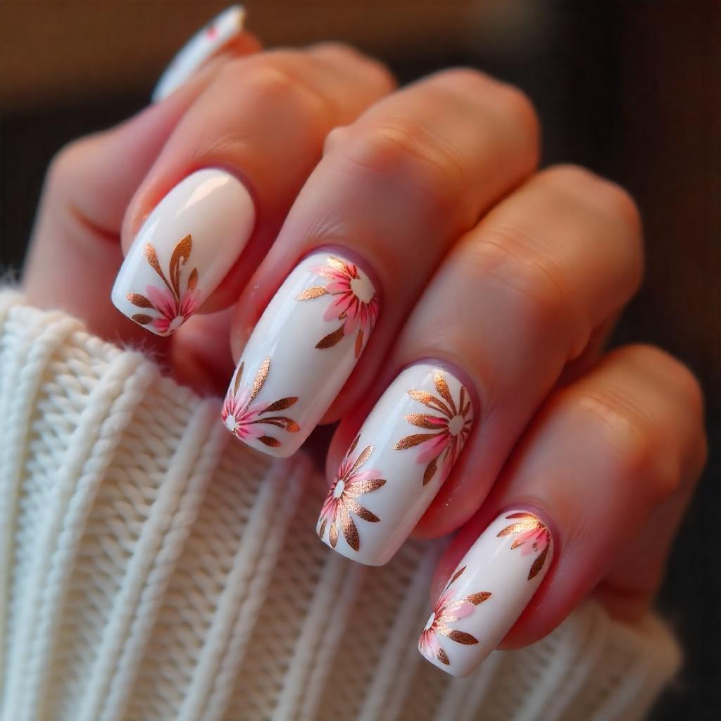 white and rose gold nails