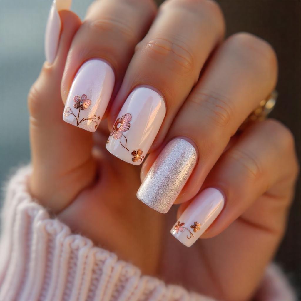 white and rose gold nails