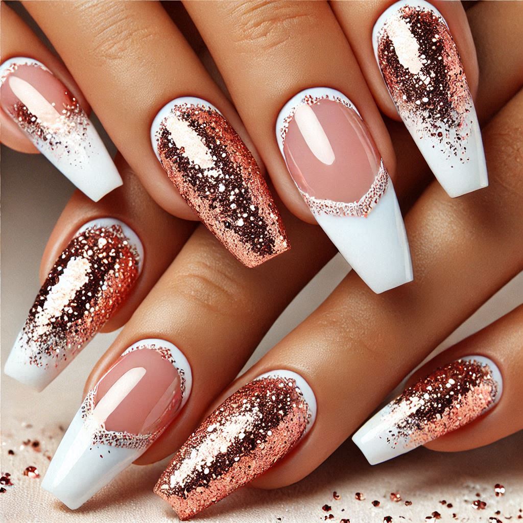 white and rose gold nails