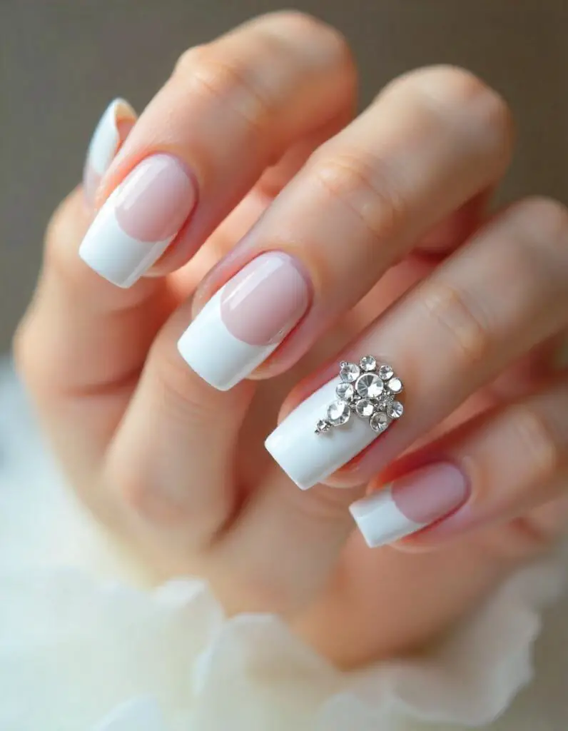 Chic White Nails with Rhinestones