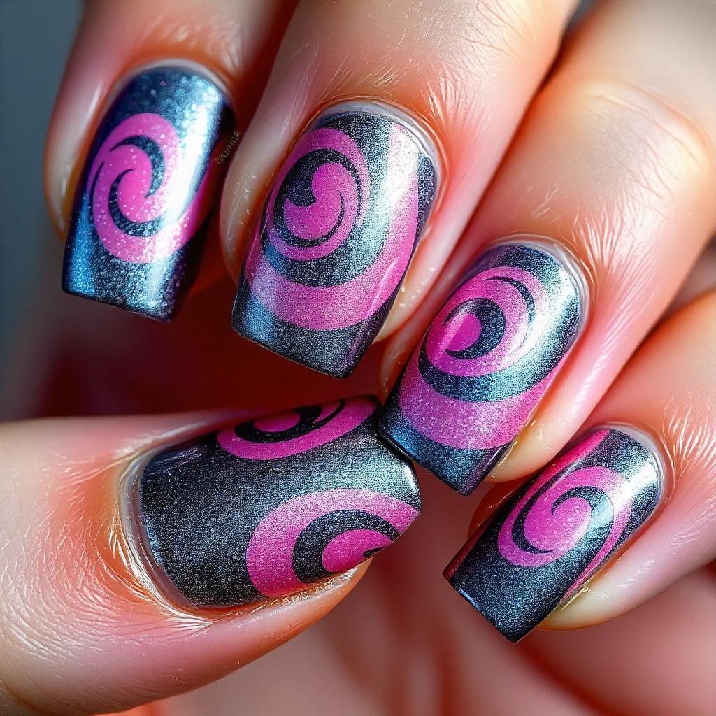 Foil and Pink Swirl nails