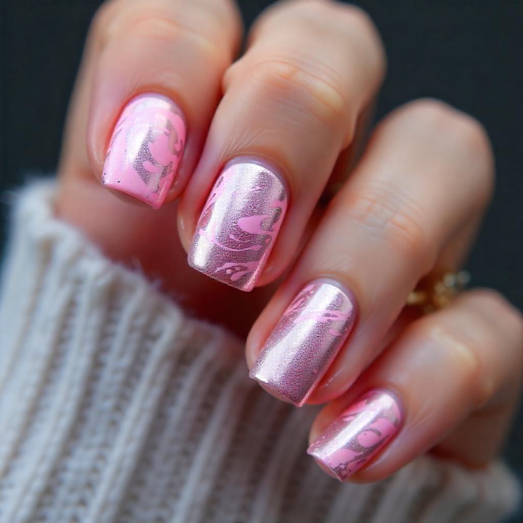 Foil and Pink Swirl nails