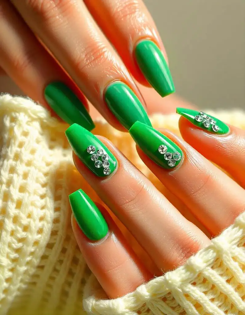 Green Nails with Rhinestones 