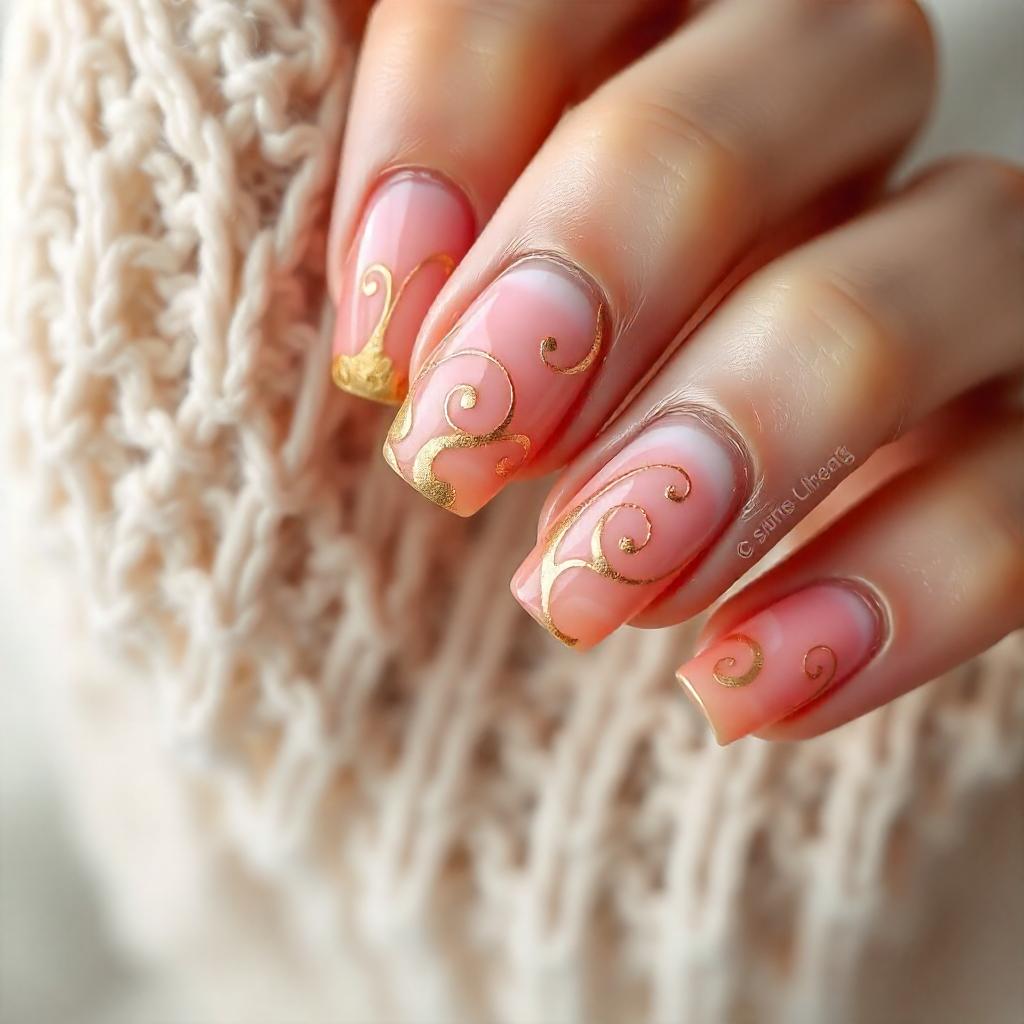 Pink and Gold Swirl nails