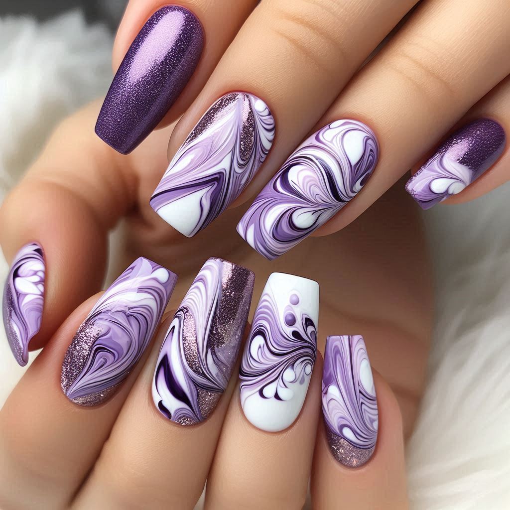 Purple Marble Swirl nail art