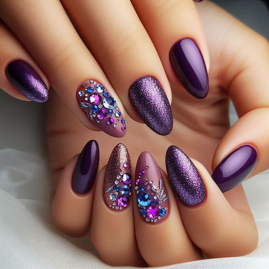 Purple Nails with Rhinestones