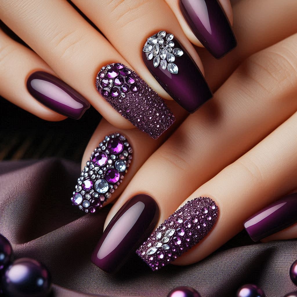 Purple Nails with Rhinestones